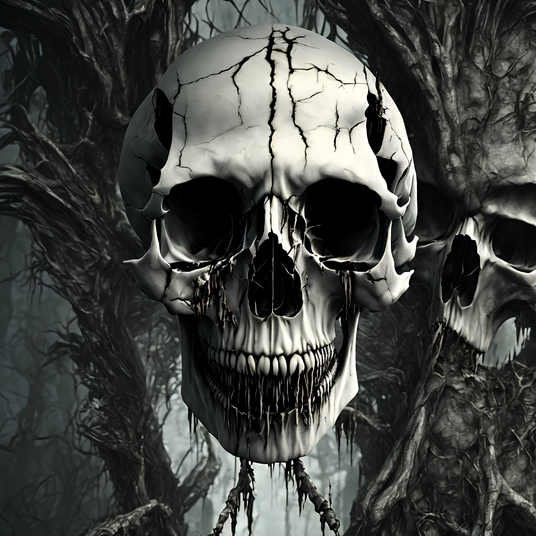 Eerie 3D image: cracked skull in gloomy forest