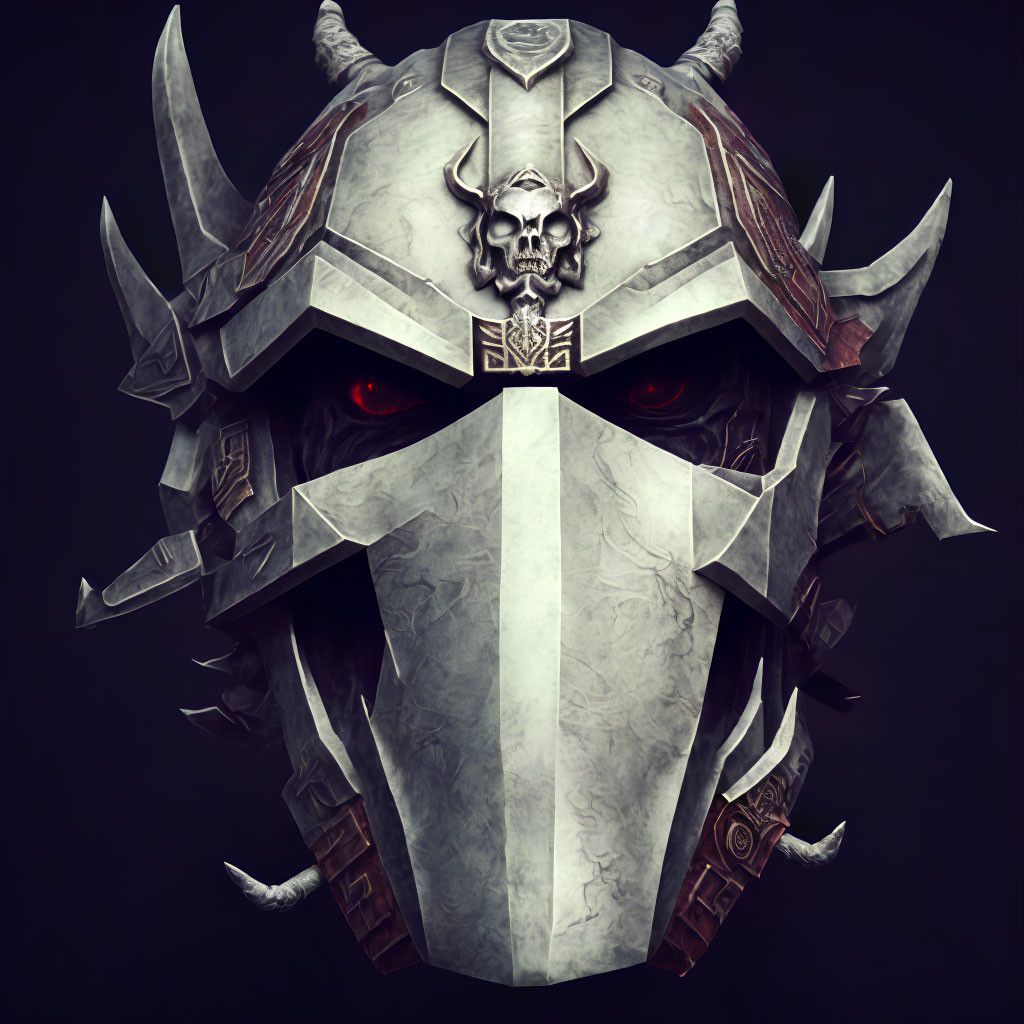 Helmet with Red Glowing Eyes and Skull Motif on Dark Background