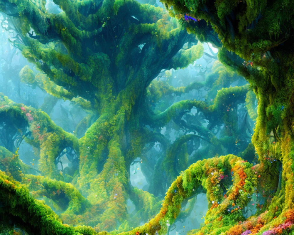 Colorful underwater scene with moss-covered branches and plant life in mystical forest