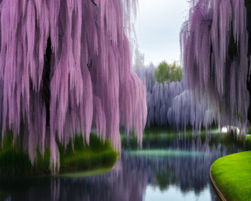 Tranquil lake with purple wisteria trees and curved grassy path