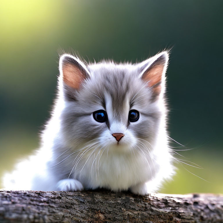 White Kitten with Grey Ears and Blue Eyes on Log in Green Setting