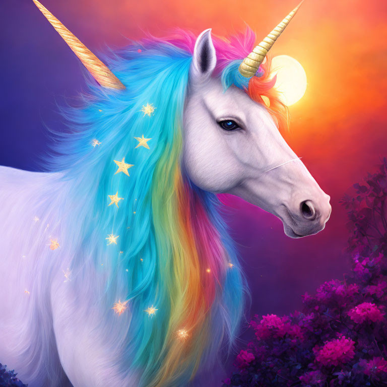 Colorful Unicorn Illustration with Sparkling Stars in Twilight Sky