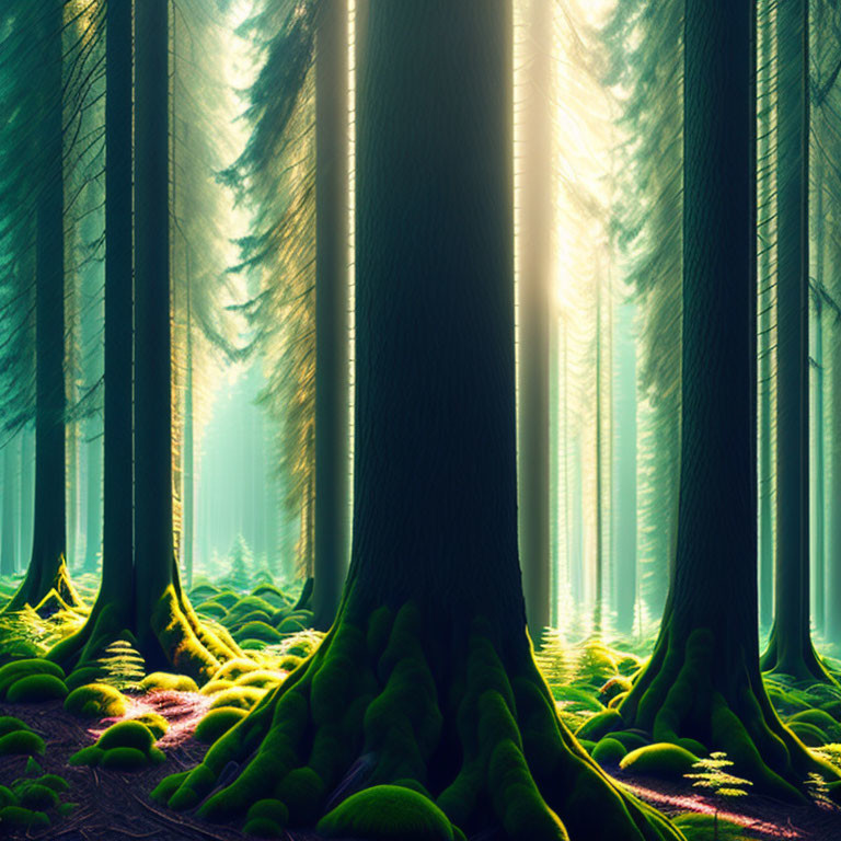 Dense forest with sun rays illuminating green moss-covered floor