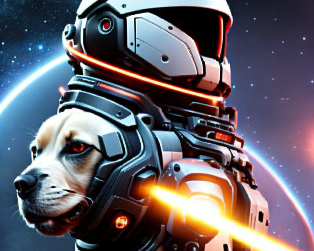 Dog in advanced astronaut suit against cosmic starscape