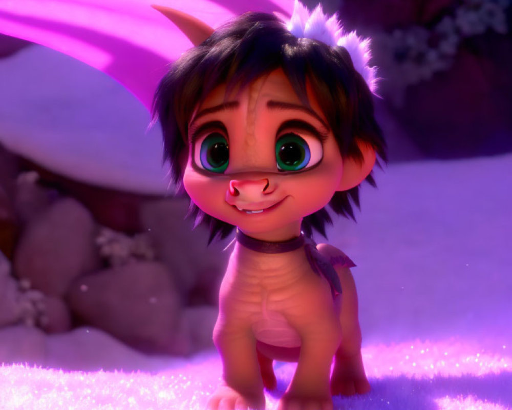 Animated creature with large green eyes on purple snowy ground