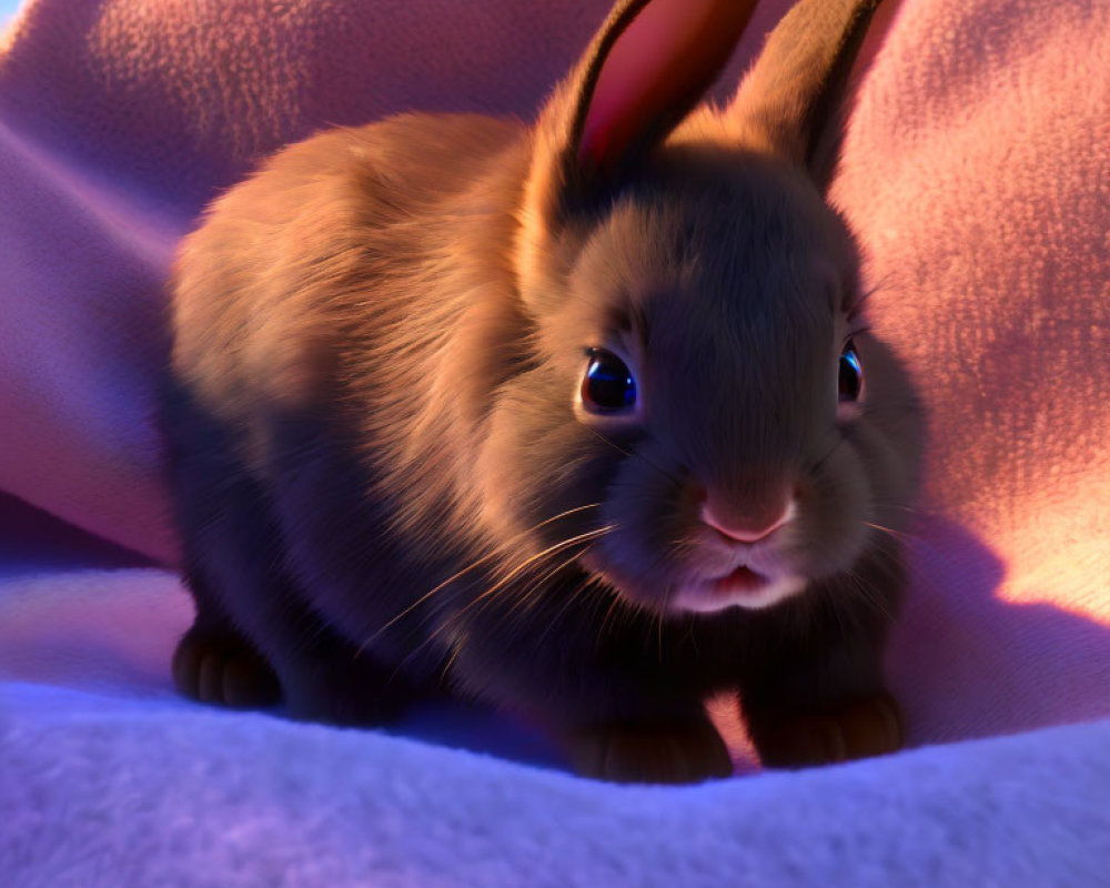 Fluffy brown rabbit with shiny eyes and perky ears on purple blanket