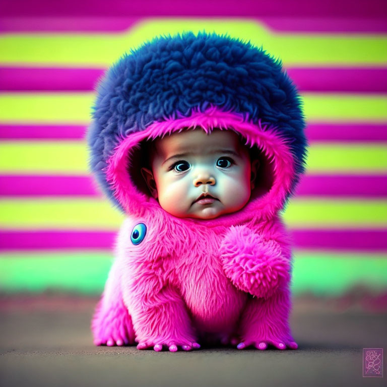 Baby in Pink Furry Suit with Big Blue Hood on Striped Background