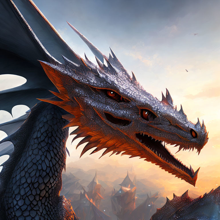 Detailed Illustration: Fierce Dragon with Multiple Heads, Fiery Eyes, and Sharp Scales against