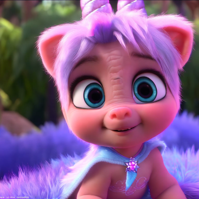 Purple furry animated creature with big blue eyes and a small smile in blue garment and flower pendant