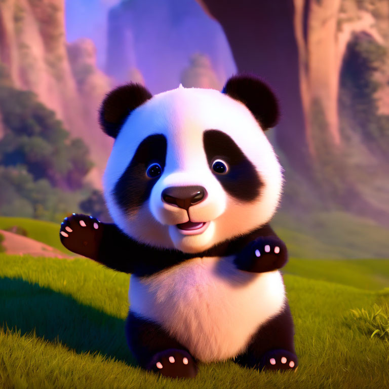 Cheerful animated panda in sunny meadow with big eyes