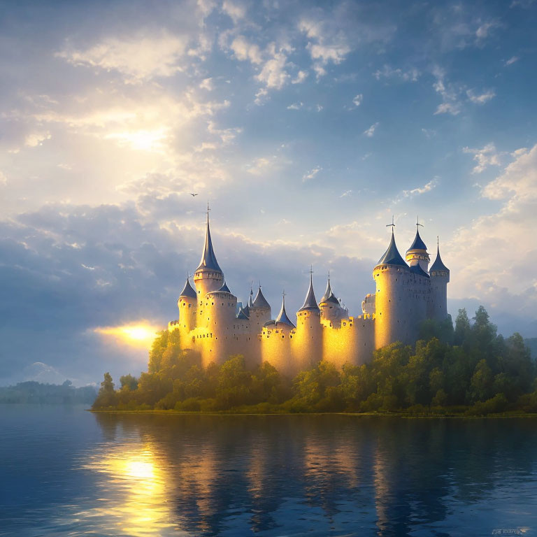 Castle with illuminated towers reflected on tranquil water at sunset