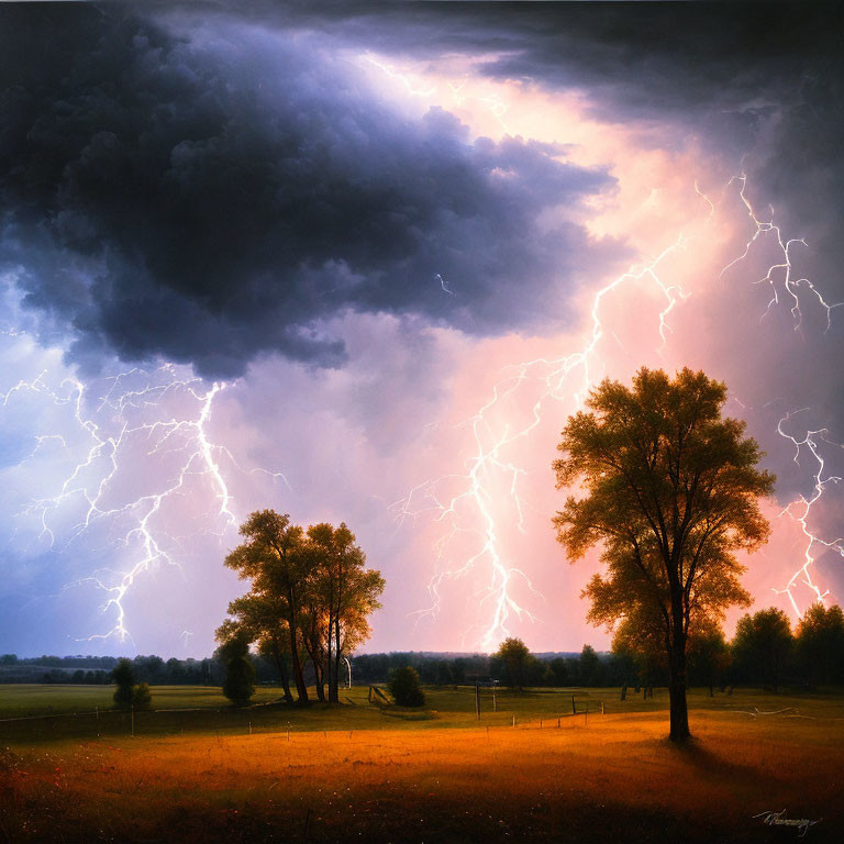 Dramatic landscape with stormy clouds, lightning bolts, and twilight sky