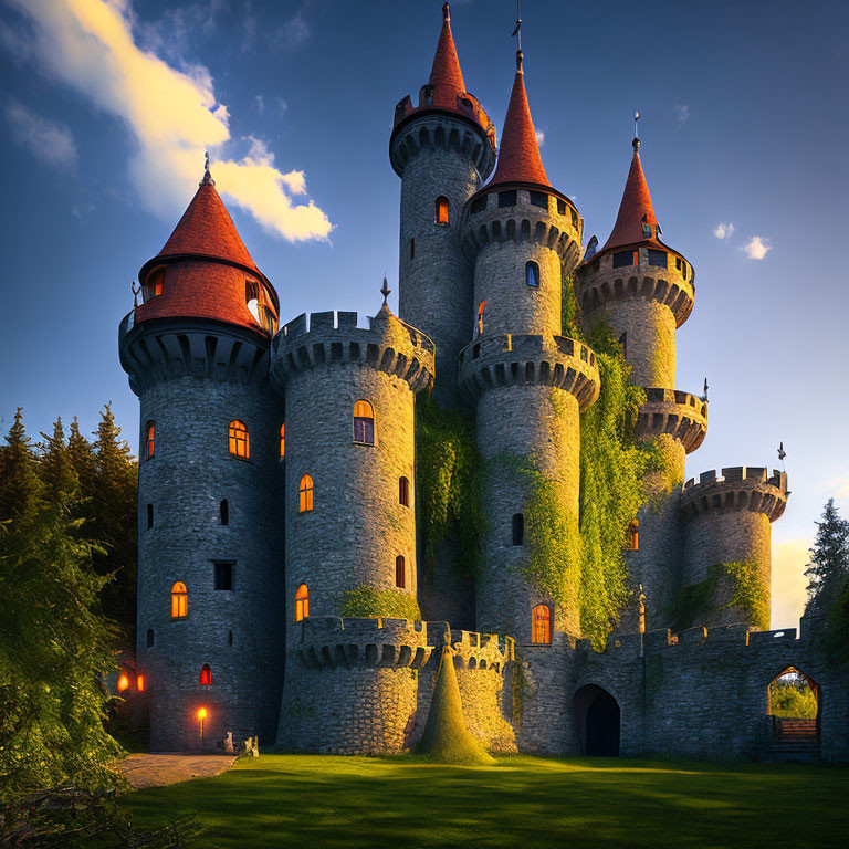 Stone castle with towers, red conical roofs, ivy, warm sunset light