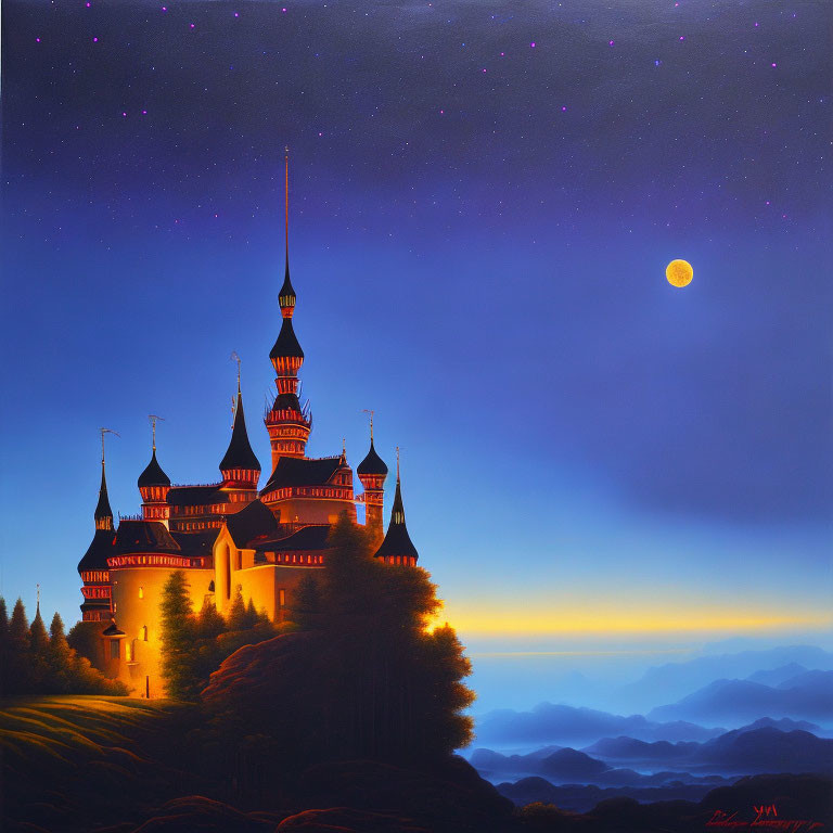 Majestic castle with spires under starry sky and glowing moon