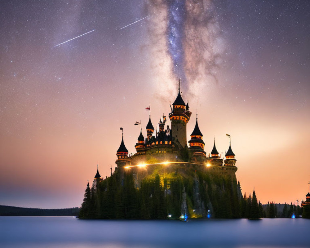 Castle with Multiple Spires under Starry Sky and Milky Way Reflected in Tranquil Lake