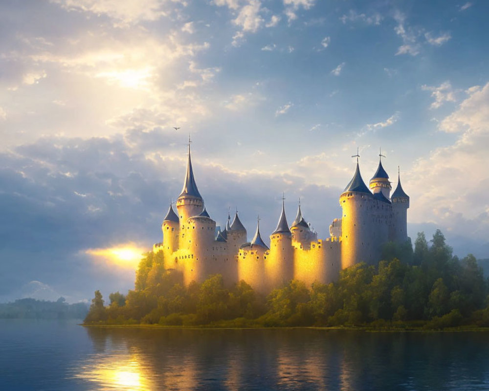 Castle with illuminated towers reflected on tranquil water at sunset