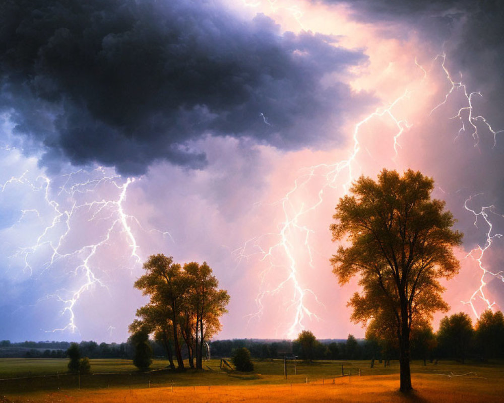 Dramatic landscape with stormy clouds, lightning bolts, and twilight sky