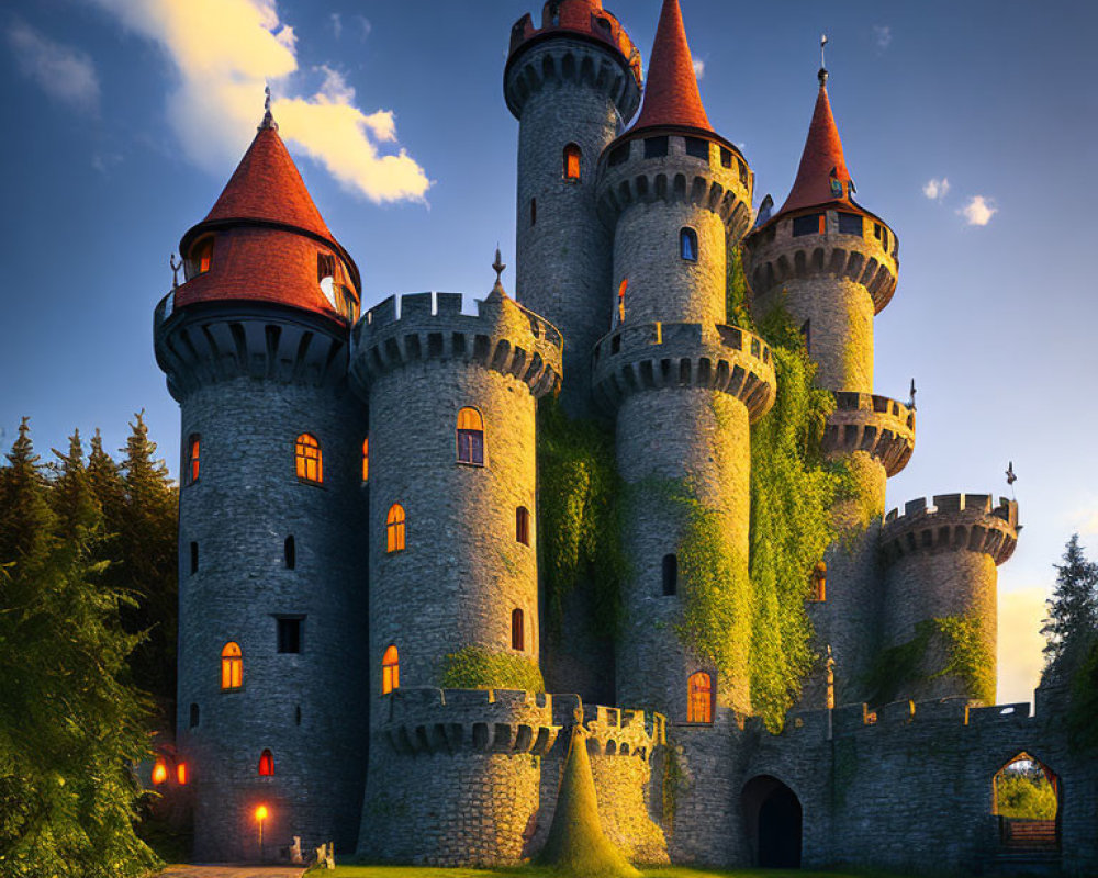 Stone castle with towers, red conical roofs, ivy, warm sunset light