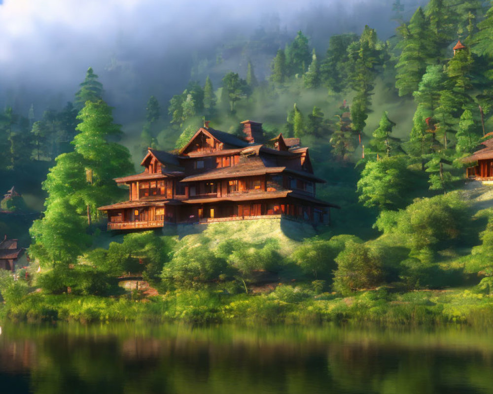 Tranquil lakeside scene with wooden cabin in misty forest