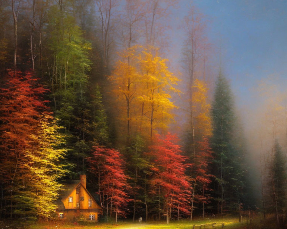 Autumn forest house with warm light and colorful trees