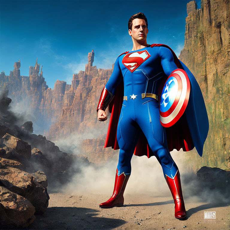 Superhero-themed digital artwork with muscular character in blue suit and iconic shield against rocky backdrop