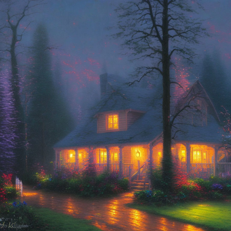 Cozy cottage in misty twilight with lit windows