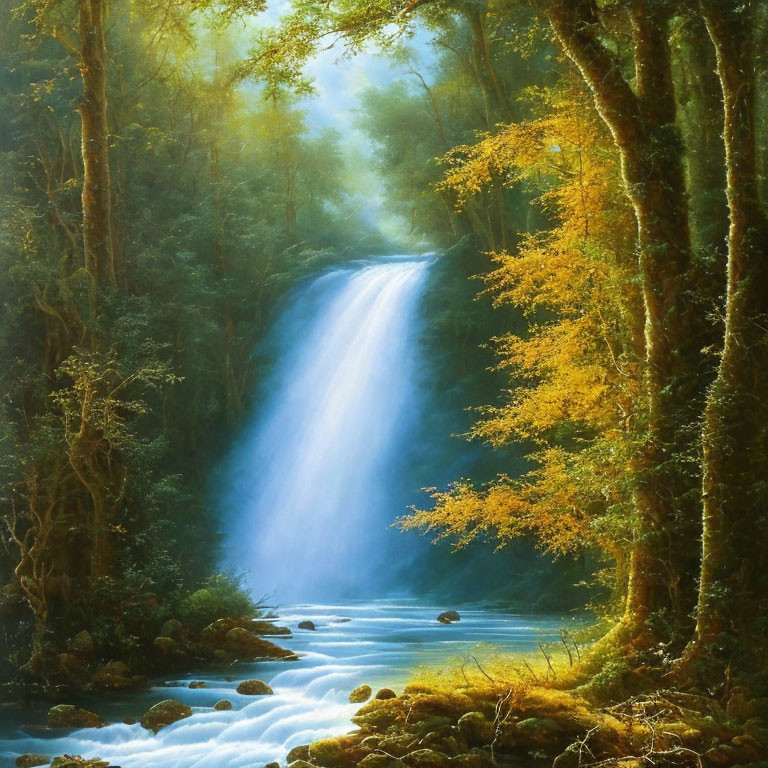 Tranquil waterfall flowing into serene river amid lush forest