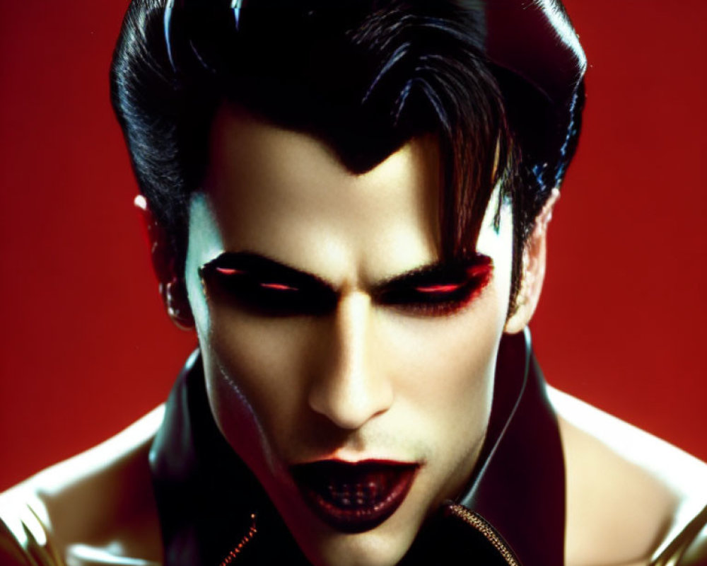 Stylized portrait of a person with slicked-back hair and fangs