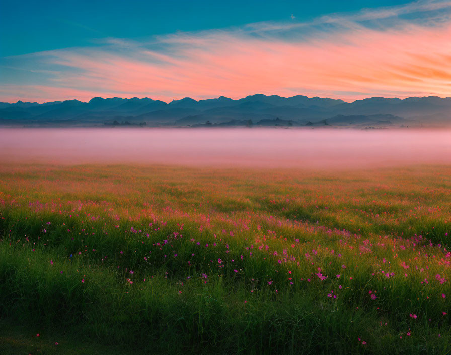 Tranquil landscape with pink flowers, mist, hills, and sky