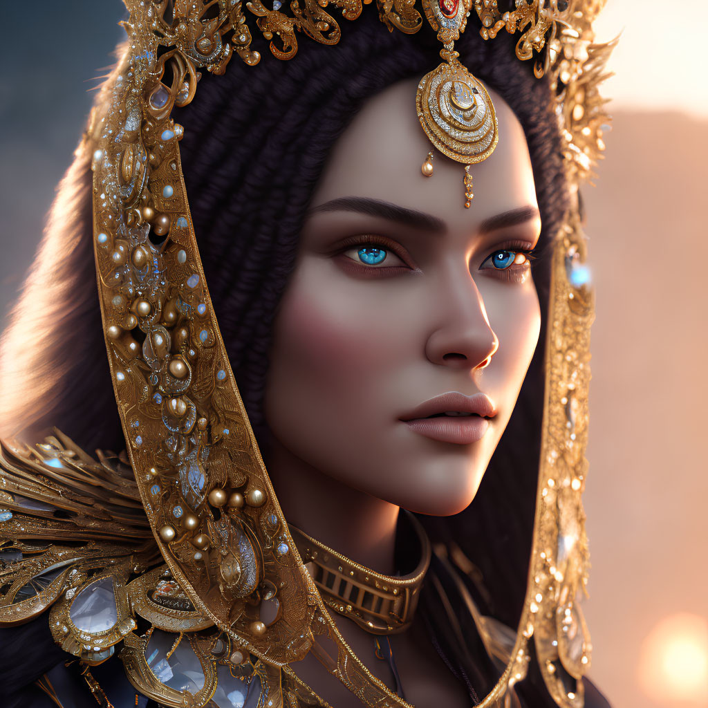 Female figure with blue eyes in golden headdress and jewelry, with knitted cap and sunset.