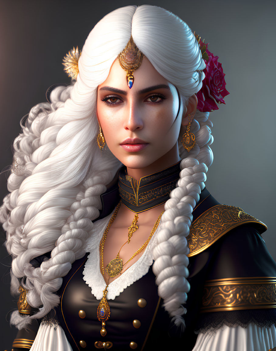 Portrait of Woman with Platinum Curls, Gold Jewelry, Red Flower, and Ornate Armor