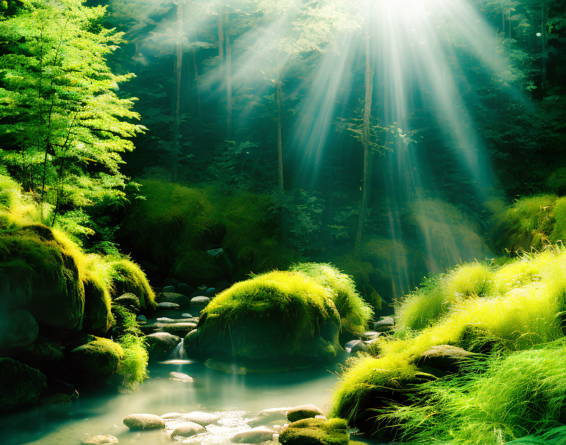 Sunbeams illuminate misty forest with green foliage and serene stream.