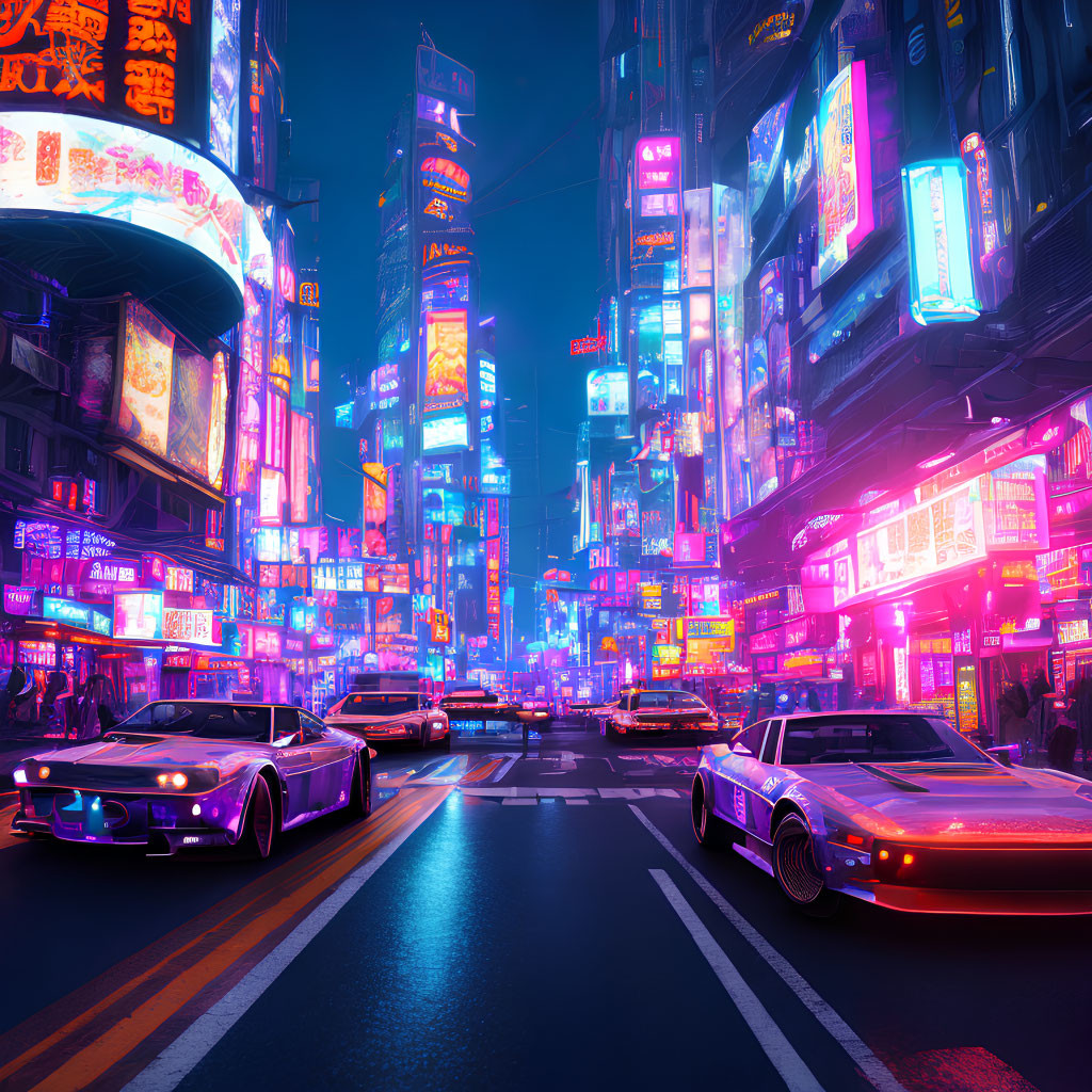 Futuristic neon cityscape with flying vehicles and skyscraper ads