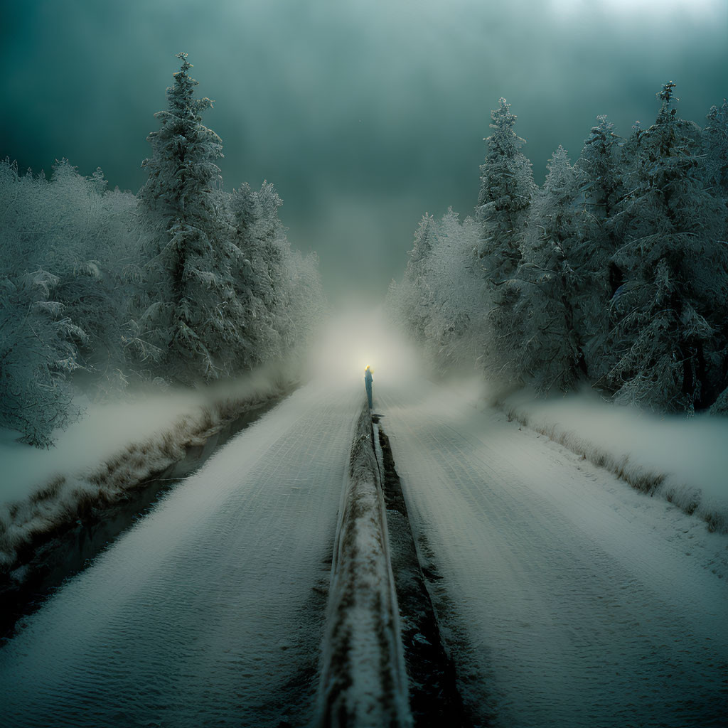 Snow-covered road with lone figure and frosty trees in misty landscape