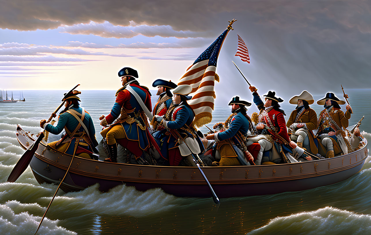 Colonial-era soldiers rowing a boat with American flag under cloudy sky