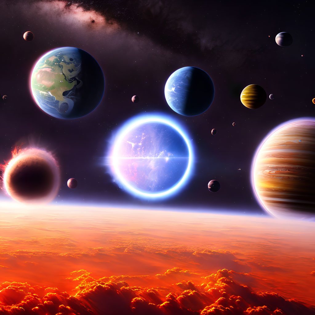 Colorful cosmic scene with planets and moons above fiery orange landscape