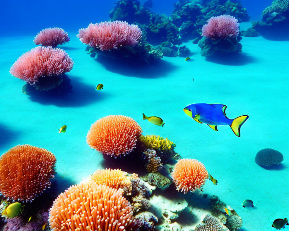 Colorful Underwater Scene with Pink Sea Anemones and Tropical Fish