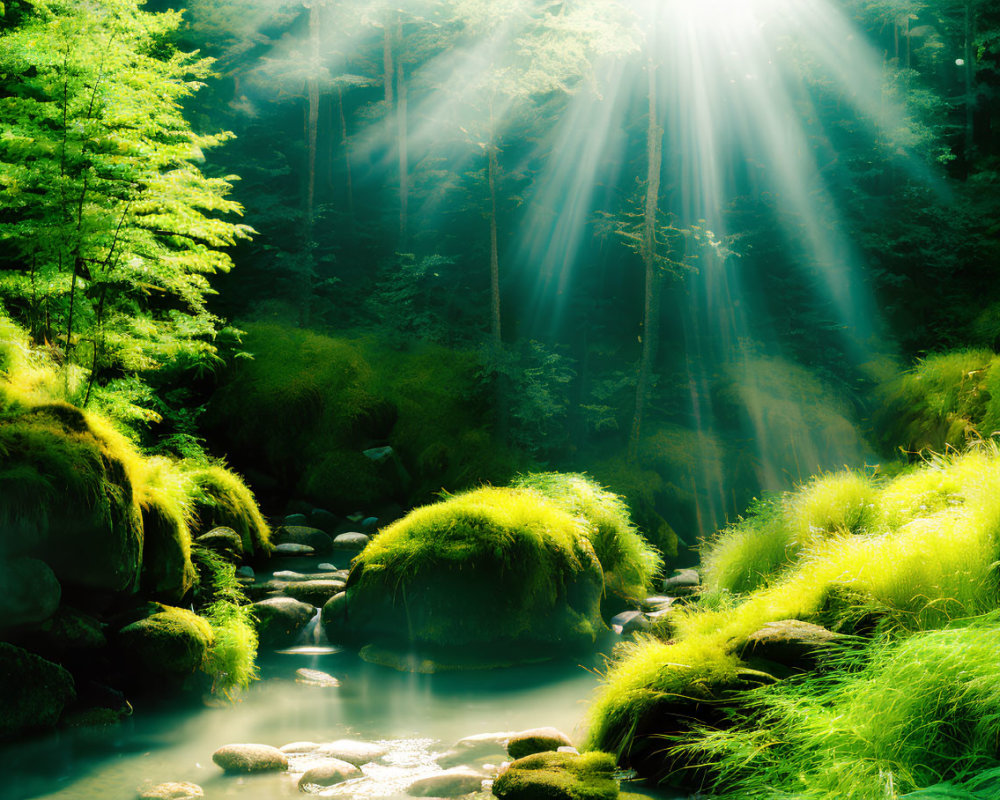 Sunbeams illuminate misty forest with green foliage and serene stream.