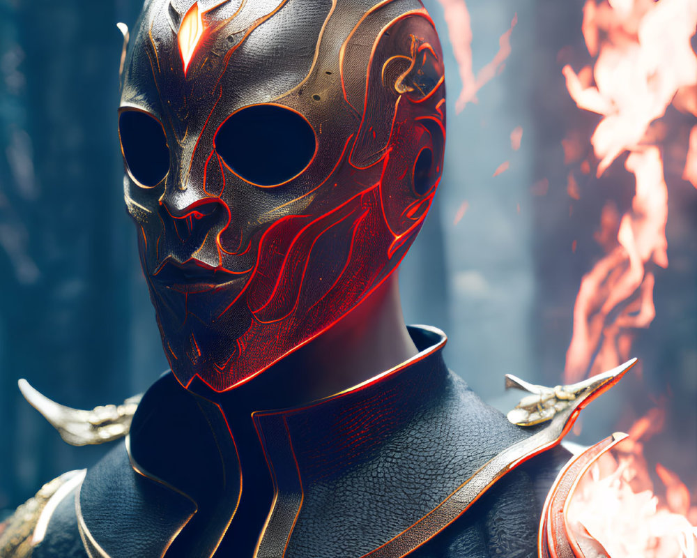 Stylized metallic mask with red glowing patterns in fiery background