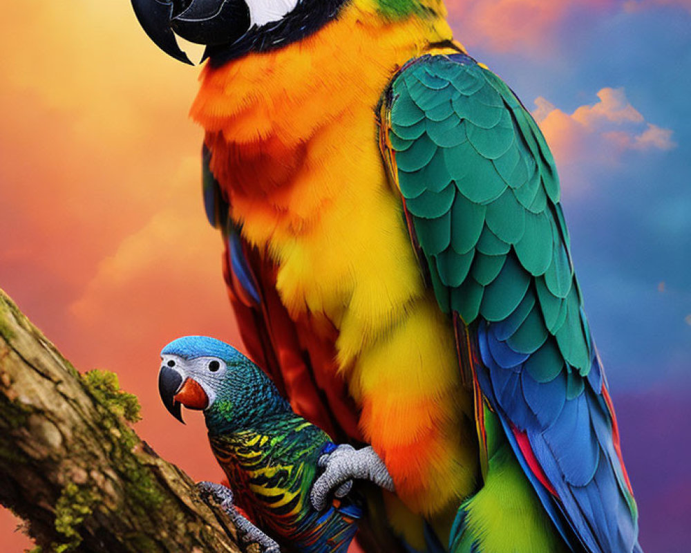 Colorful Macaw and Parrot Perched on Branch at Sunset