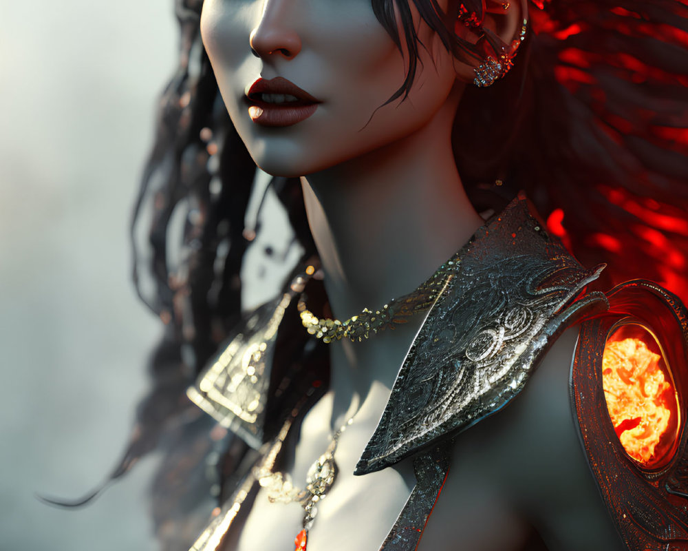 Fantasy female character with glowing orange eyes and ornate armor