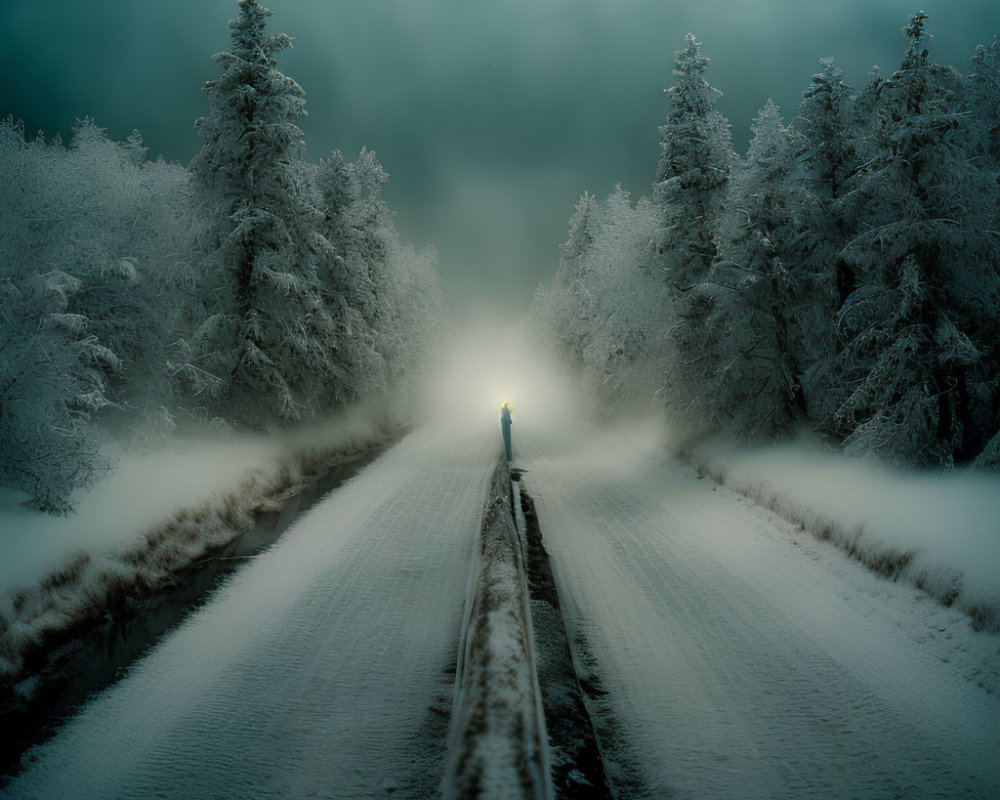 Snow-covered road with lone figure and frosty trees in misty landscape