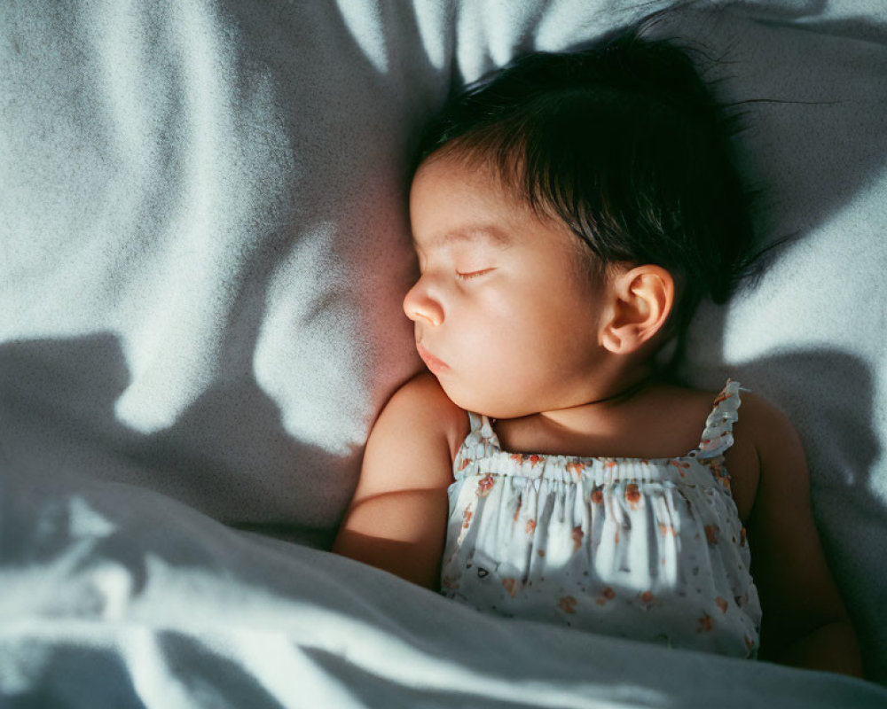 Sleeping infant on soft blanket with gentle light on face