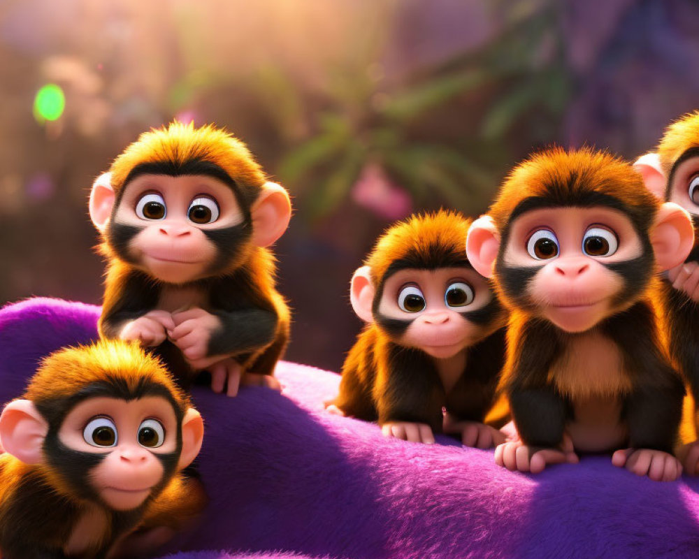 Four animated monkeys with big eyes basking in sunlight