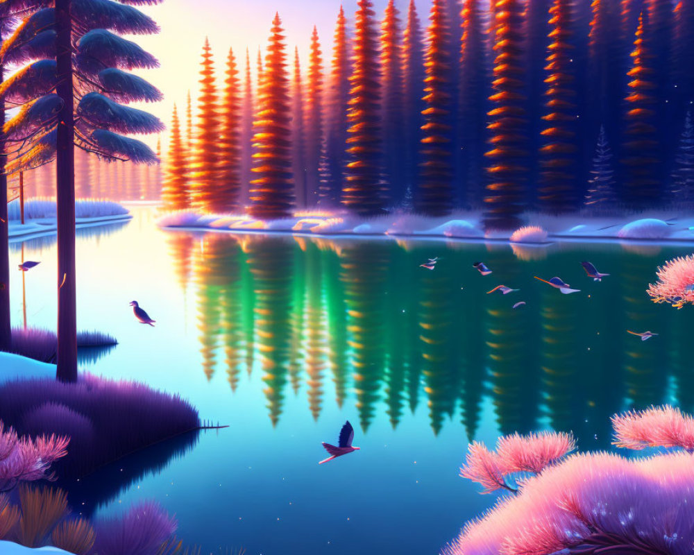 Tranquil lakeside dusk with vibrant nature reflections