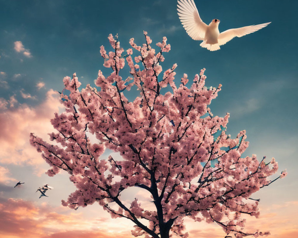 Dove flying over cherry blossom tree at sunset