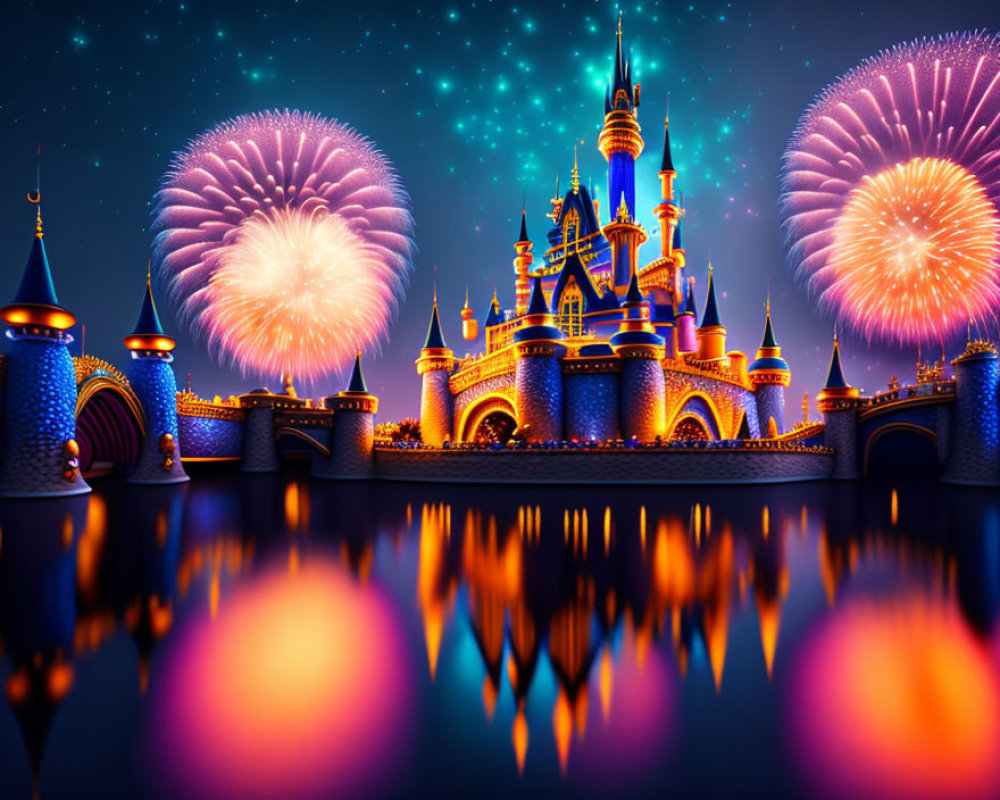 Colorful Fairytale Castle Night Illustration with Reflections & Fireworks