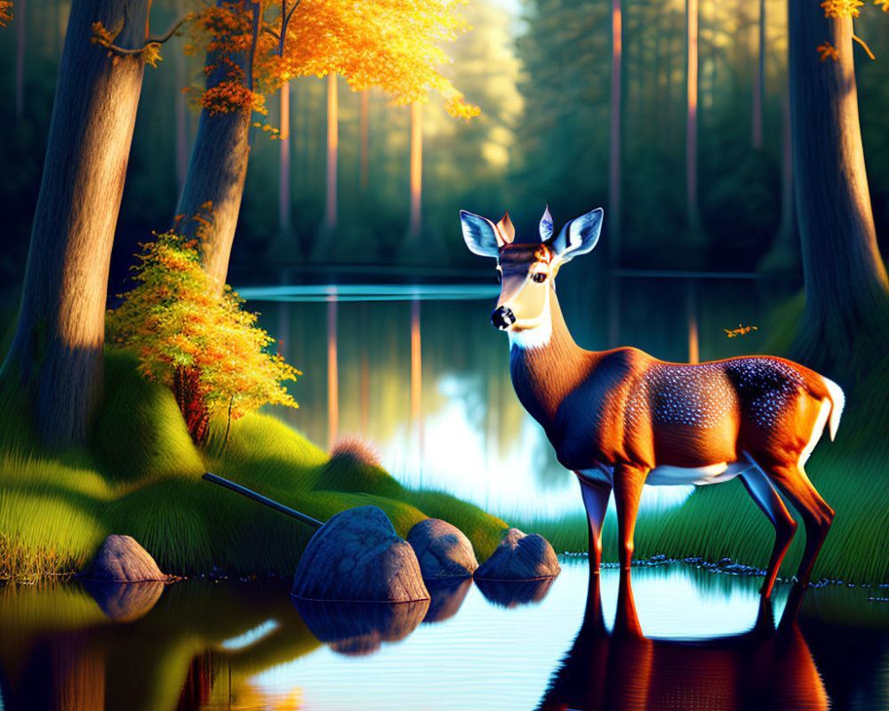 Tranquil autumnal forest scene with deer by colorful lake