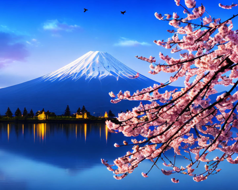 Twilight view of Mount Fuji with cherry blossoms, pagoda, and birds