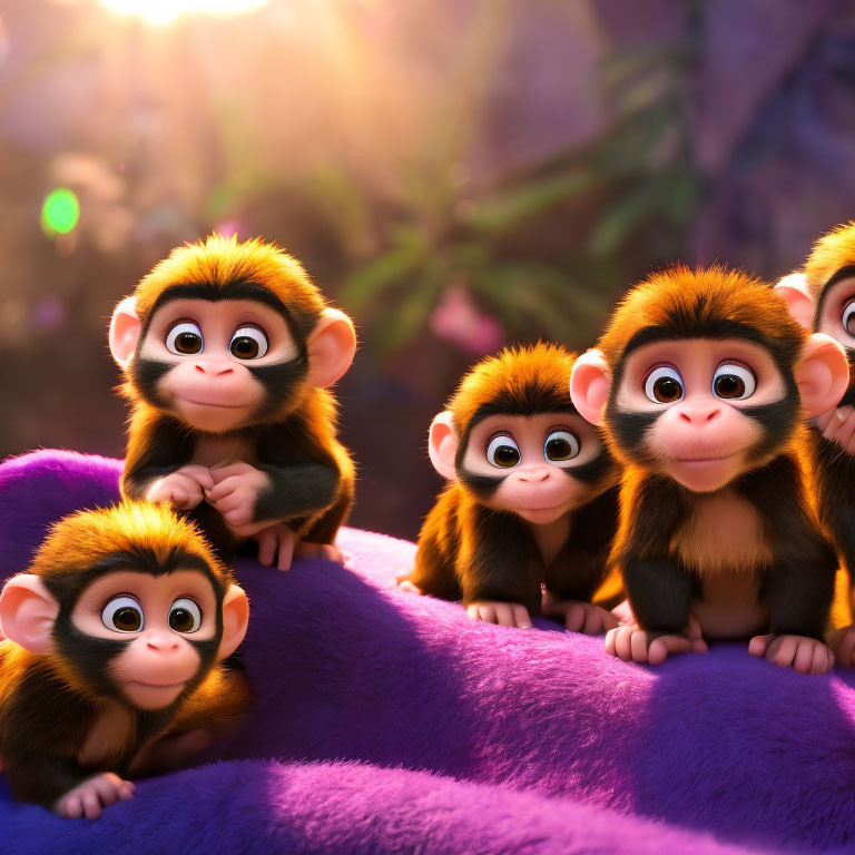 Four animated monkeys with big eyes basking in sunlight